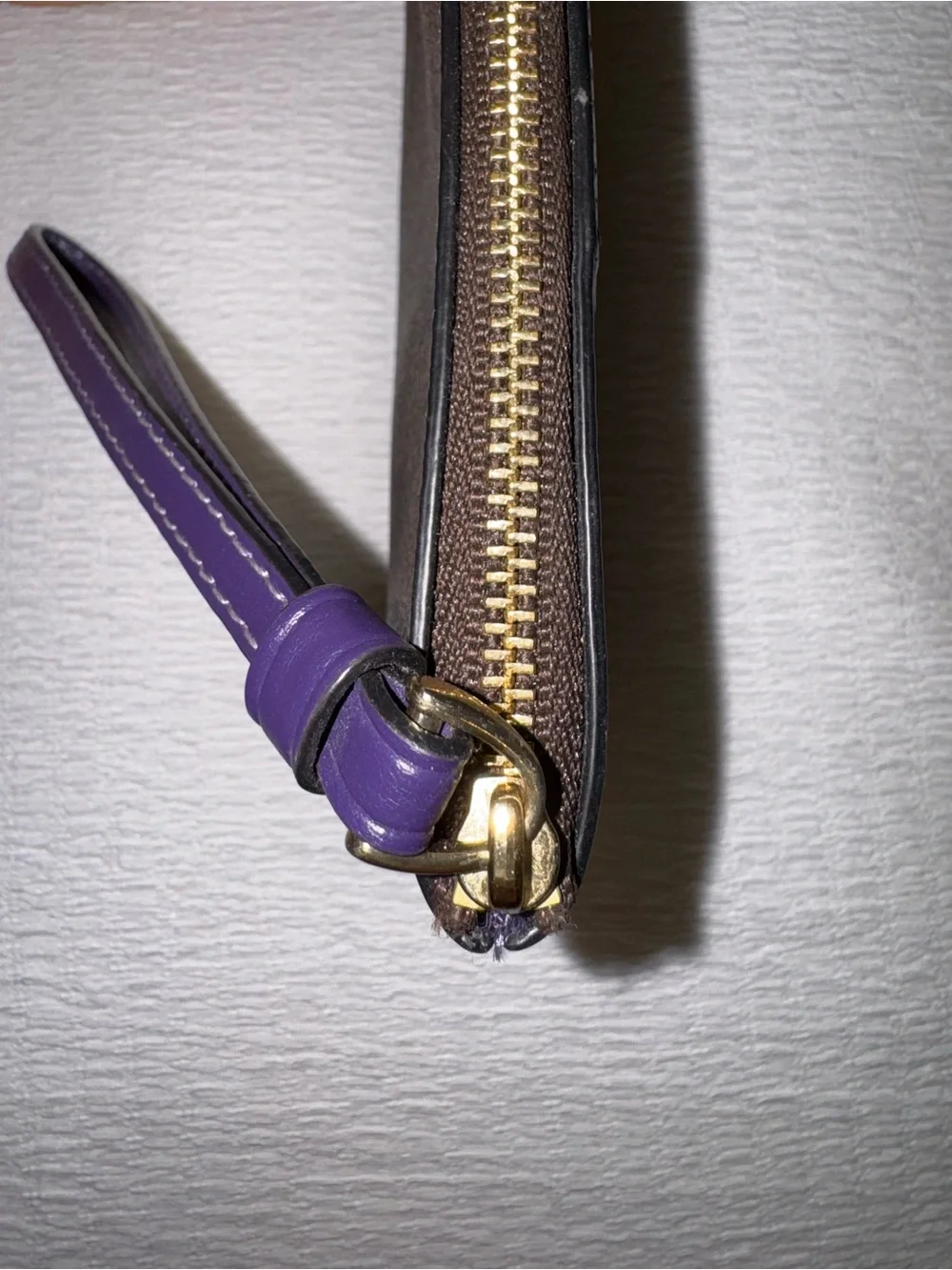 Coach Brown Signature Wristlet with Purple Center Stripe